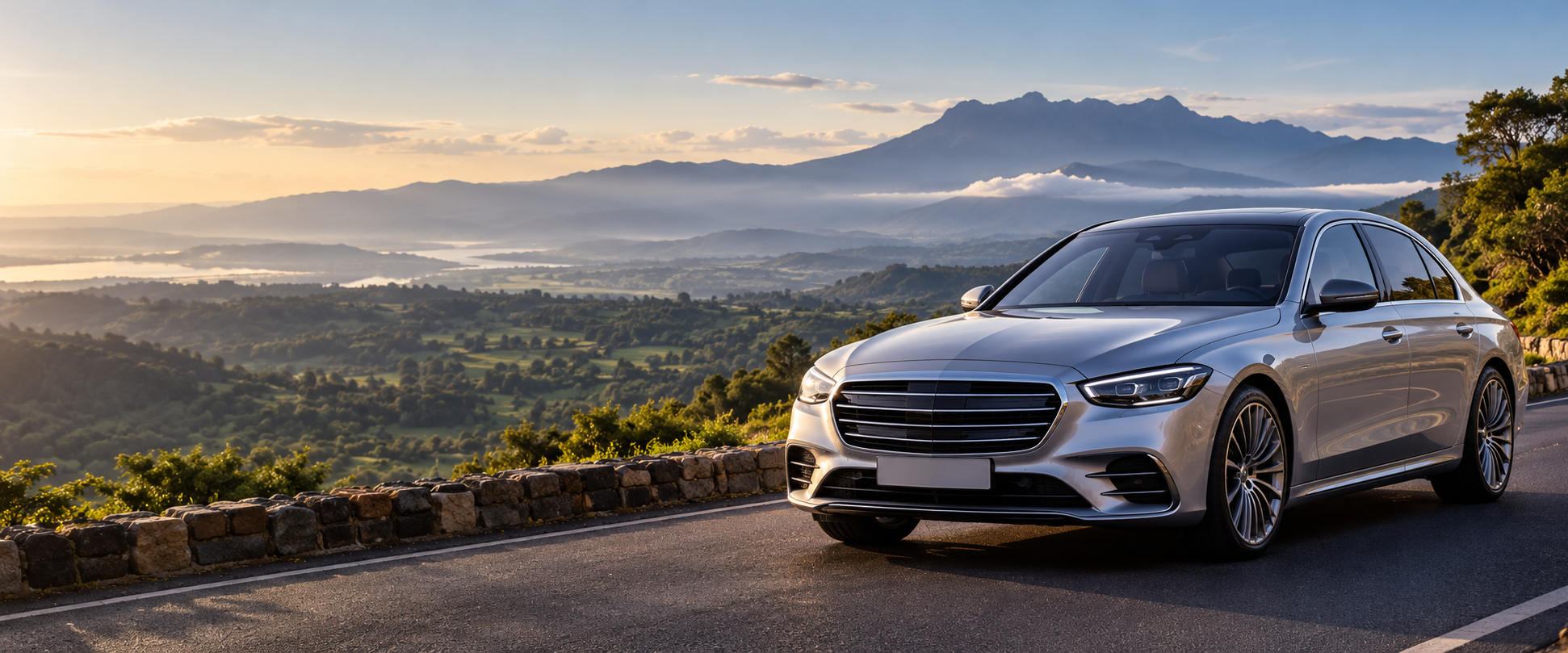 Executive car on a scenic road